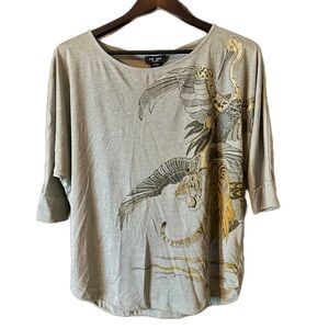 Olsen Women’s Batwing Top Tiger & Herons Bird Grey Gold Size S/M
